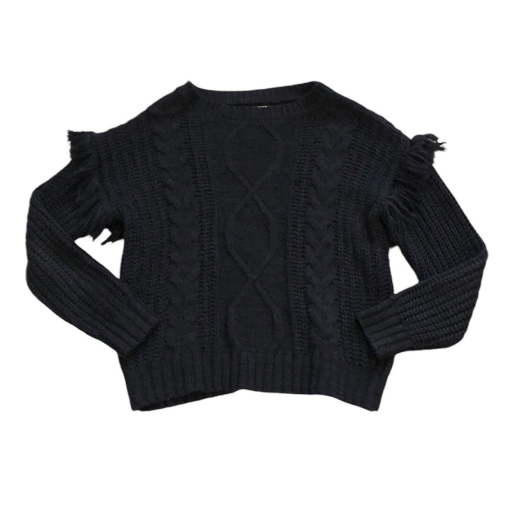 Everly Womens Cable Knit Crewneck Sweater Sz S Black Fringe Chunky Boho western